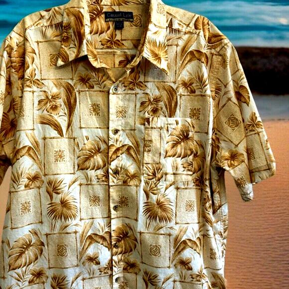 Mens Hawaiian XL SHIRT BROWN Tiki Floral Palm pocket Casual Life 100% Cotton - Picture 3 of 9